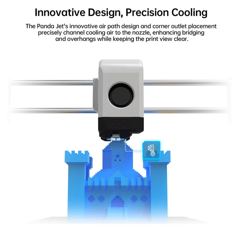 Panda Jet Cooling Fan Duct precisely cools 3D print nozzle, enhancing bridging & overhangs. Clear view of the printed model.