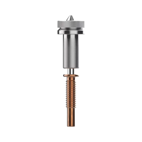 Revo High Flow HTA Nozzles: 3D printer nozzle with a copper-colored heat break and silver top for High Flow HTA nozzles.