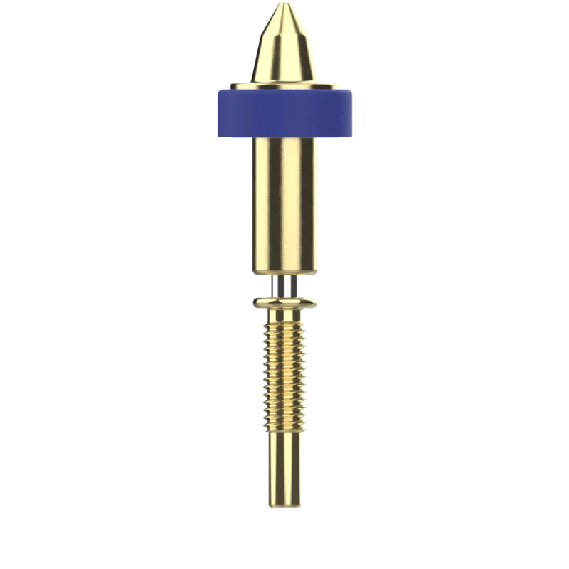 Revo Belt Nozzles: Gold-colored 3D printer nozzle with blue ring and threaded shaft for precise 3D printing.