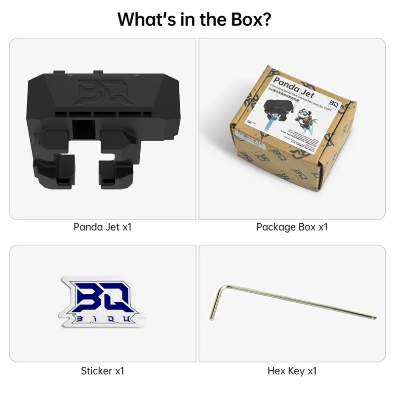 Panda Jet Cooling Fan Duct for Bambu Lab X1/P1 Hotend & Panda Revo, includes Panda Jet, package box, sticker, and hex key.