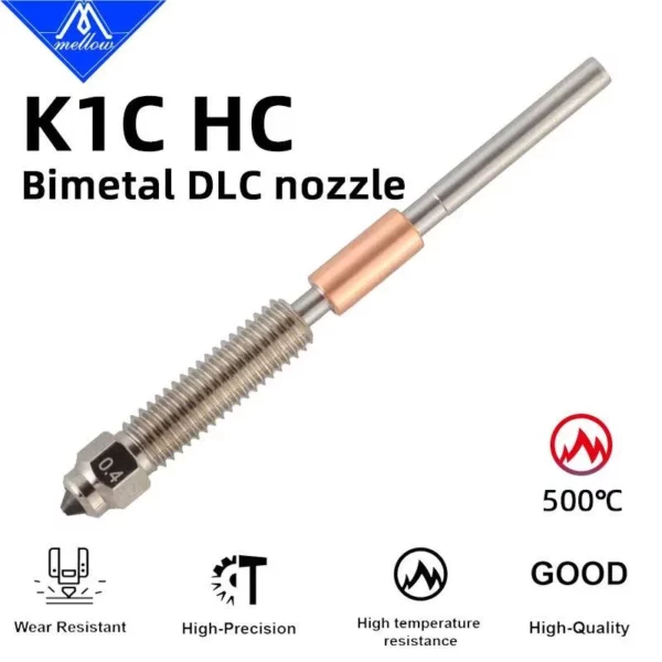 DLC K1C HC Nozzle: Bimetal nozzle with copper & hardened steel, high flow, for 3D printers. Includes "0.4" size marking.