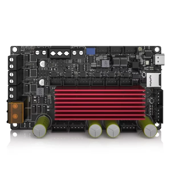 Rodent CNC Control Board – FluidNC, a black circuit board with red heat sink, ideal for CNC projects.