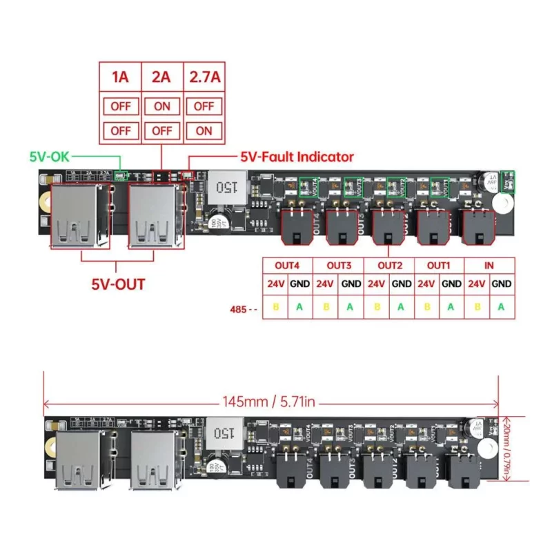 Power Distribution Board with 24V and USB outputs, indicator lights, and power supply connections for various devices.