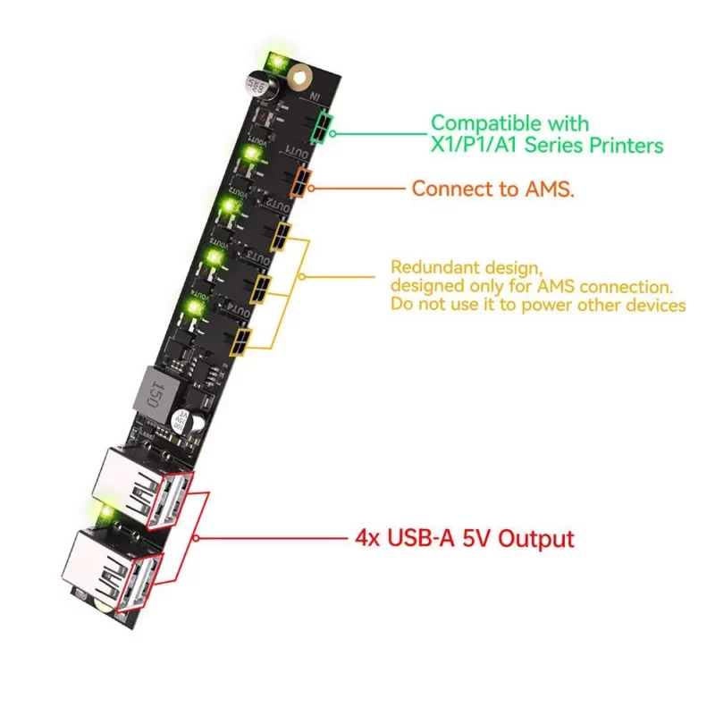 USB Power Board for 3D printers with 4 USB-A 5V outputs, compatible with X1/P1/A1 series printers and AMS connection.