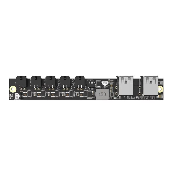 Power Distribution Board: Black circuit board with multiple output ports and USB charging ports for power distribution.