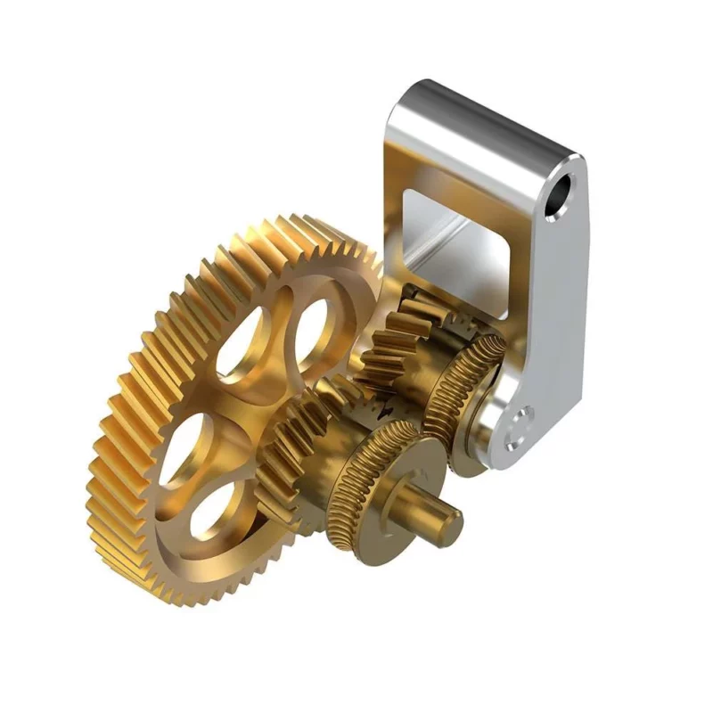 Panda Claw Extruder Gear Set for Bambu X1/P1/A1 Series: Gold mechanical gears with silver bracket. Illustrates the Panda Claw design.