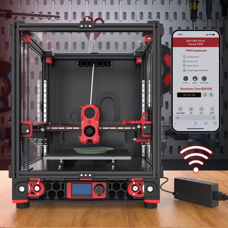 Panda PWR Intelligent Power Management Module controlling a 3D printer, shown with a mobile dashboard and wireless connectivity