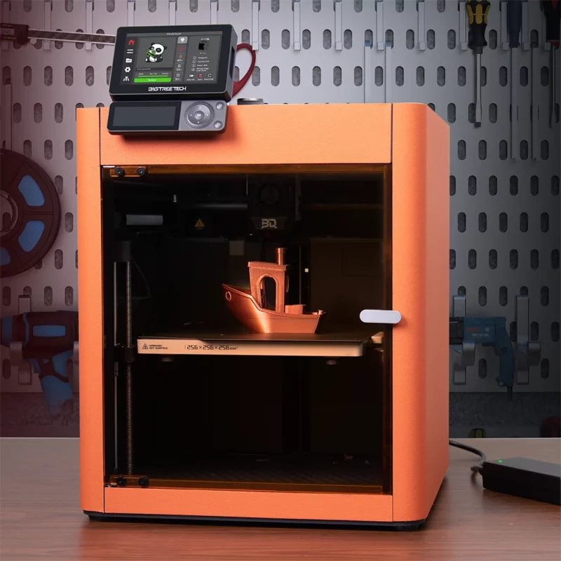 Panda PWR Intelligent Power Management Module: Orange 3D printer with a printed boat, perfect for Panda enthusiasts