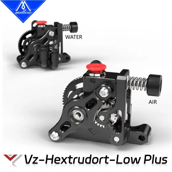 Mellow 60T CNC Vz-Hextrudort-Low Plus Extruder for 3D printers. All-metal construction with gears, red button, and spring mechanism.