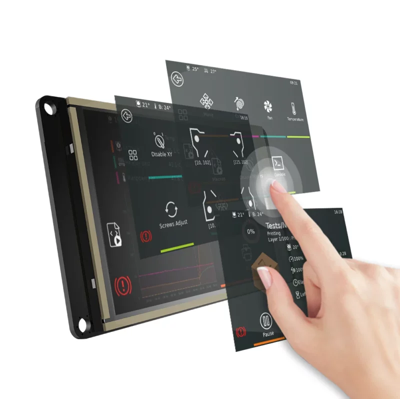 BIGTREETECH Manta E3EZ 3D printer touchscreen interface displaying settings and controls, including temperature, fan, and console options.