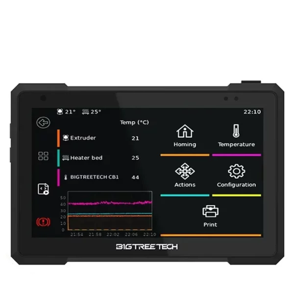 BIGTREETECH Pad 7 touchscreen interface displaying temperatures, homing, actions, configuration, and print options for 3D printers