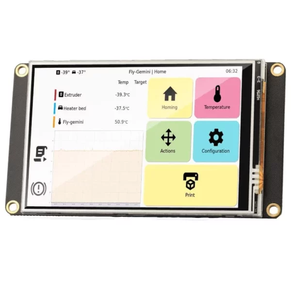 Mellow FLY TFT V1 3.5-inch display screen showing temperature and control interface for a 3D printer, ideal for Klipper.
