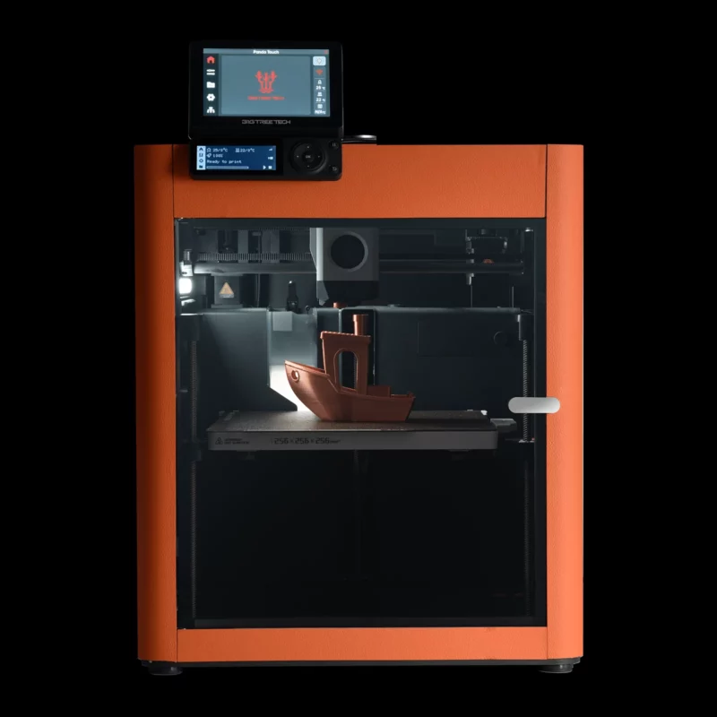Orange 3D printer with a 3D printed benchy boat. Features a Panda Touch screen. The printer is ready to print.