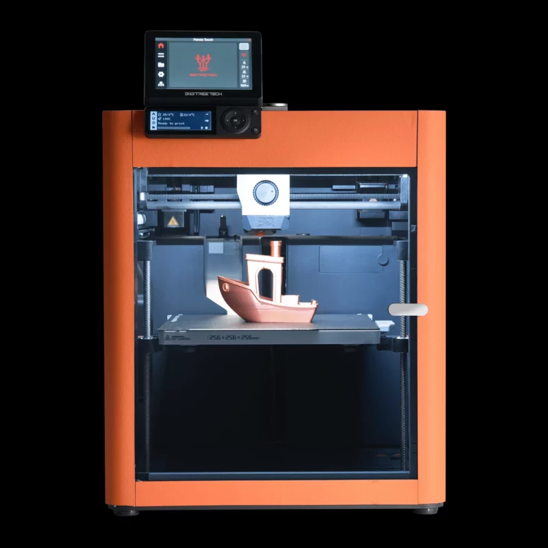BIGTREETECH 3D printer in orange enclosure printing a model boat, showcasing 3D printing technology.