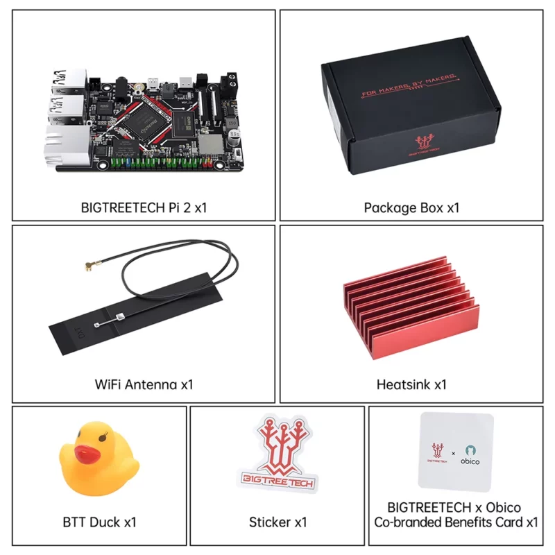 BigTreeTech PI 2 CB2 components: Includes a package box, heatsink, antenna, sticker, and a rubber duck.