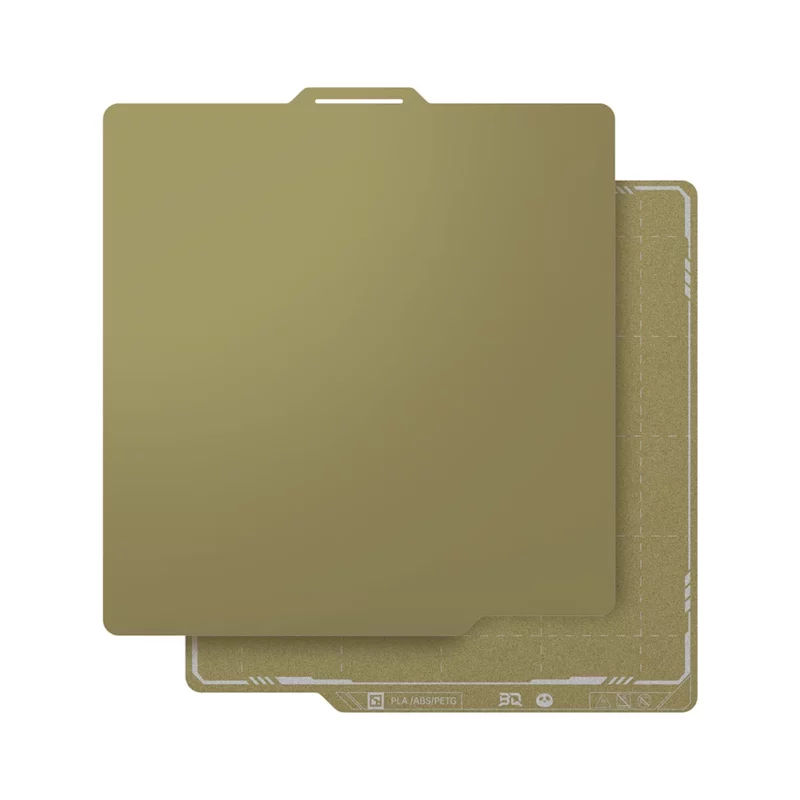 Panda Buildplate Textured & smooth PEI: Gold PEI build plate for 3D printing, with a textured and smooth surface.