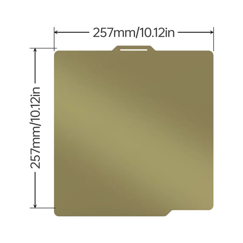 Panda Buildplate Textured & smooth PEI, gold-colored square build plate, 257mm/10.12in, with a small cut-out