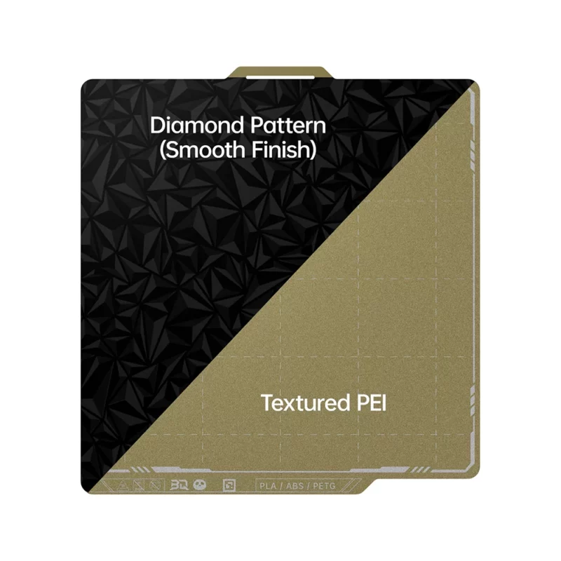 Panda Buildplate Textured & Smooth PEI build surface with diamond pattern and textured PEI for 3D printing.