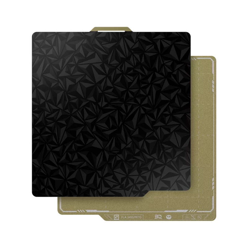 Panda Buildplate Textured & smooth PEI, featuring a black textured surface and a gold base, ideal for 3D printing