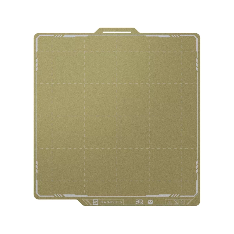 Panda Buildplate Textured & smooth PEI: Gold-colored 3D printer build plate with grid pattern, suitable for PLA, ABS, and PETG filaments.