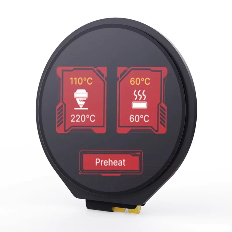 BigTreeTech KNOMI display showing temperatures for 3D printer nozzle and bed; preheat function visible.