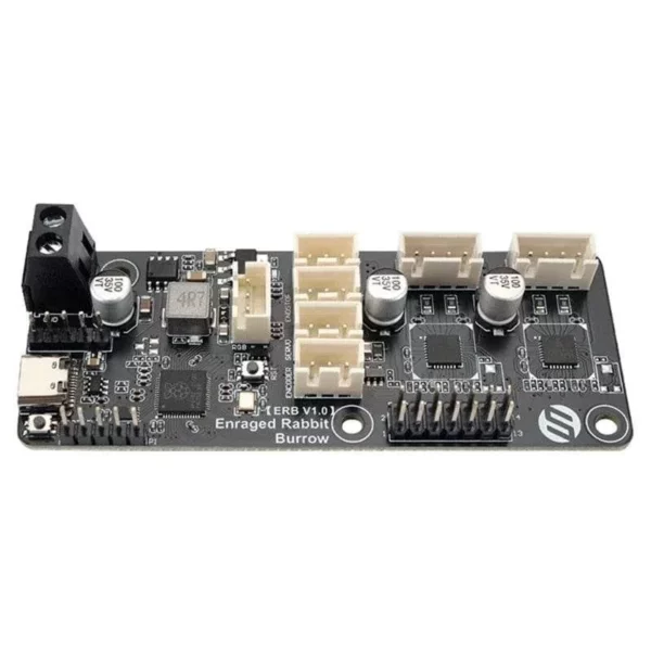 ERB Board With RP2040 MMU Enraged Rabbit. ERB board with multiple connectors, chips, and components.