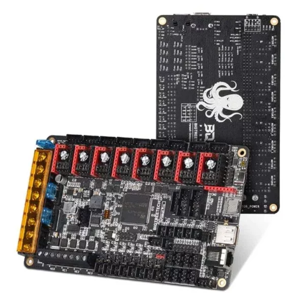 BIGTREETECH BTT Octopus Pro V1.0/V1.1 for 3D Printer. Black circuit board with red connectors and octopus logo. BigTreeTech BTT Octopus Pro V1.0.