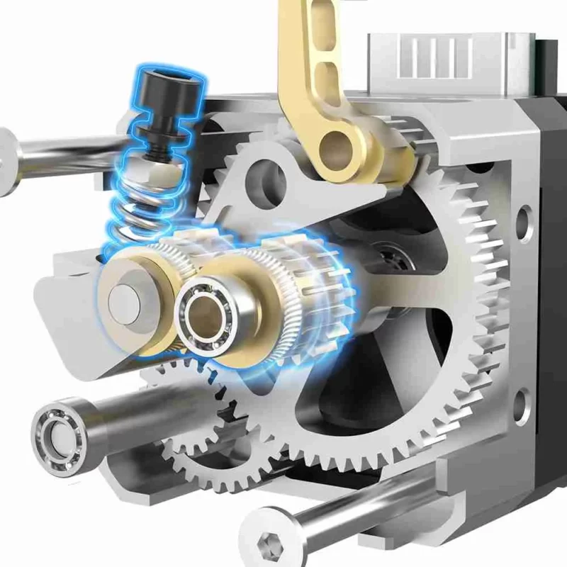 BIQU H2 V2X Extruder for Voron StealthBurner: Internal view of gears, bearings, and spring mechanism.