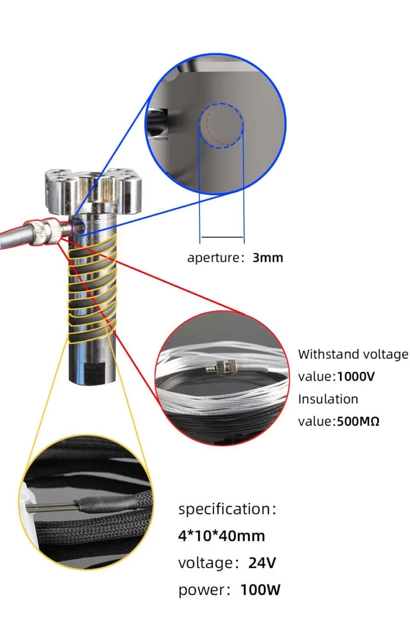 Crazy Volcano Goliath Heating Block: Detailed diagram showing aperture size, voltage, power, and insulation specifications