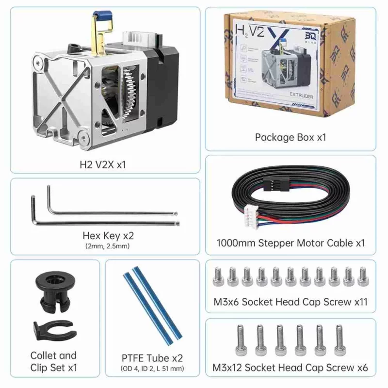 BIQU H2 V2X Extruder for Voron StealthBurner, includes stepper motor cable, PTFE tube, hex keys, and screws.