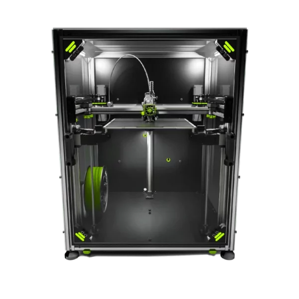 Enclosed 3D printer with green filament spool, showcasing a home 3D printing setup.