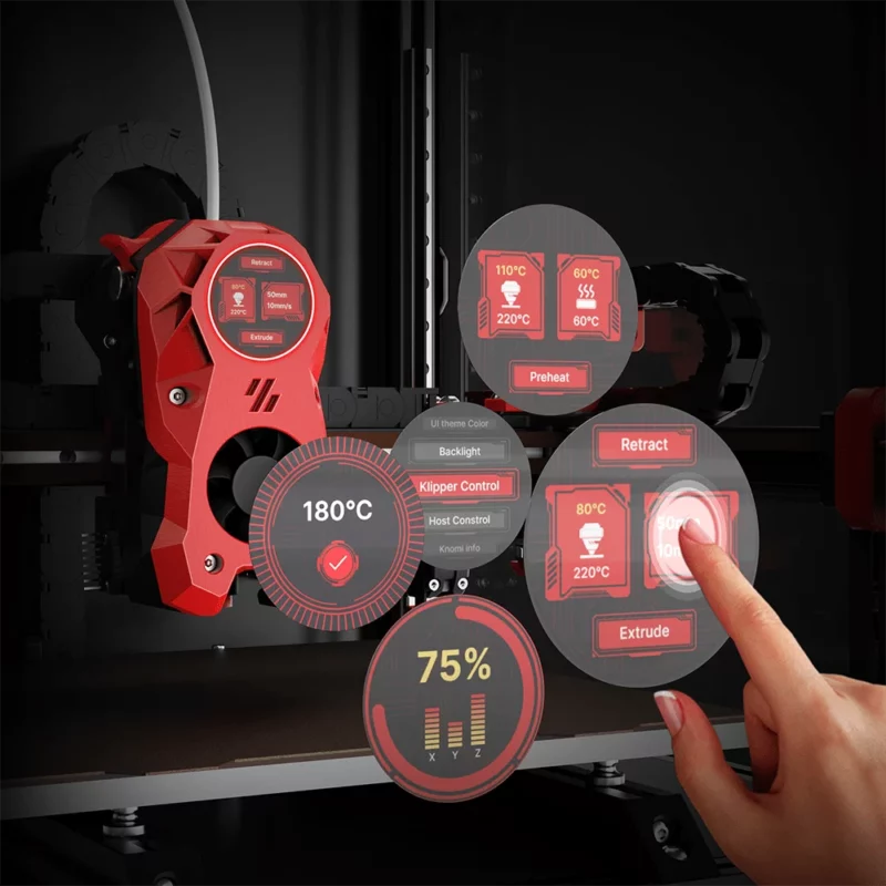 BigTreeTech KNOMI interface for 3D printers, showing temperature, settings, and touch screen controls. Includes BigTreeTech KNOMI