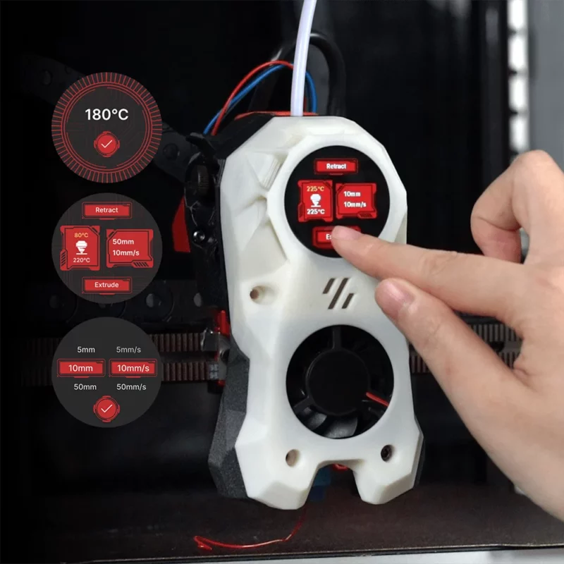 BigTreeTech KNOMI for Voron Stealthburner: 3D printer hotend with integrated screen, showing temperature and control options.