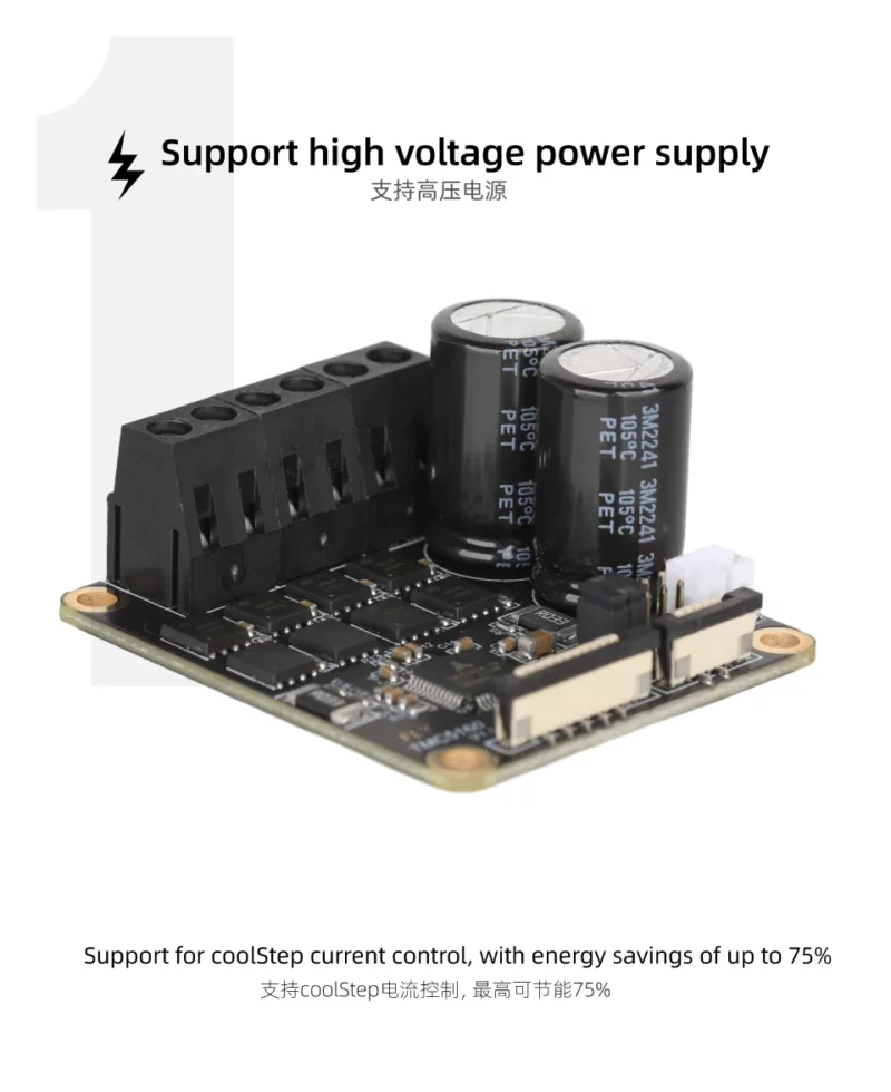 Mellow Fly 24V/48V HV TMC5160 Pro Stepper Motor Driver: supports high voltage power supply and coolStep current control, with energy savings.