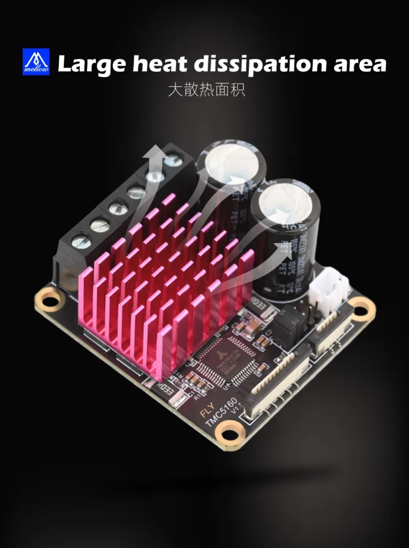 Mellow Fly 24V TMC5160 Pro V1.5 stepper motor driver with red heat sink for efficient heat dissipation. Designed for silent operation.