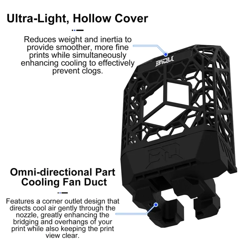 BIQU Panda Jetpack: Lightweight hollow design extruder cover and cooling fan duct for Bambu Lab printers, improves print quality.