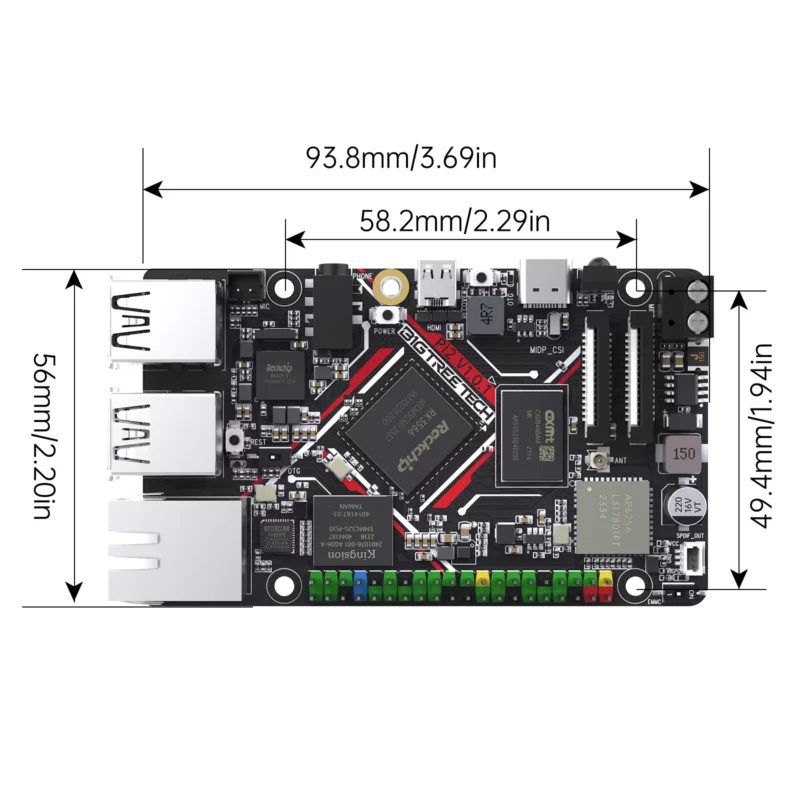 BigTreeTech PI 2 CB2 single-board computer with dimensions visible, featuring multiple ports and components.