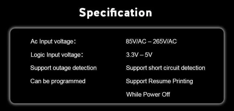Bigtreetech Relay V1.2 specifications: AC input voltage, logic input voltage, support features, and power off details