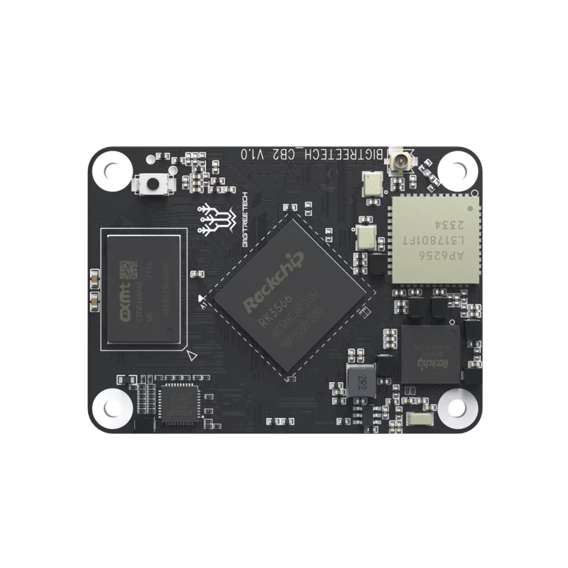 BigTreeTech PI 2 CB2 single-board computer: Compact black PCB with Rockchip processor and various electronic components.