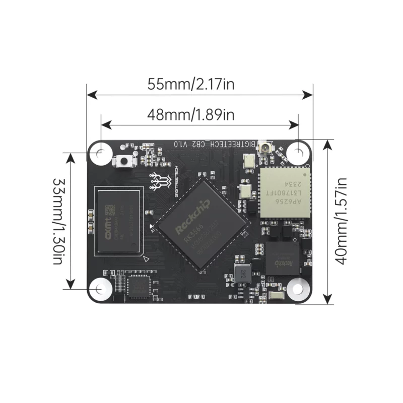 BigTreeTech PI 2 CB2 circuit board with labeled components and dimensions, ideal for electronics projects.