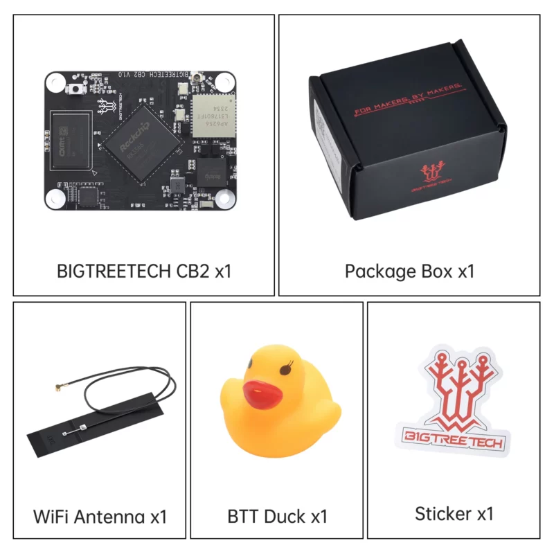 BigTreeTech PI 2 CB2: Includes CB2 board, package box, WiFi antenna, BTT duck, and sticker for makers.