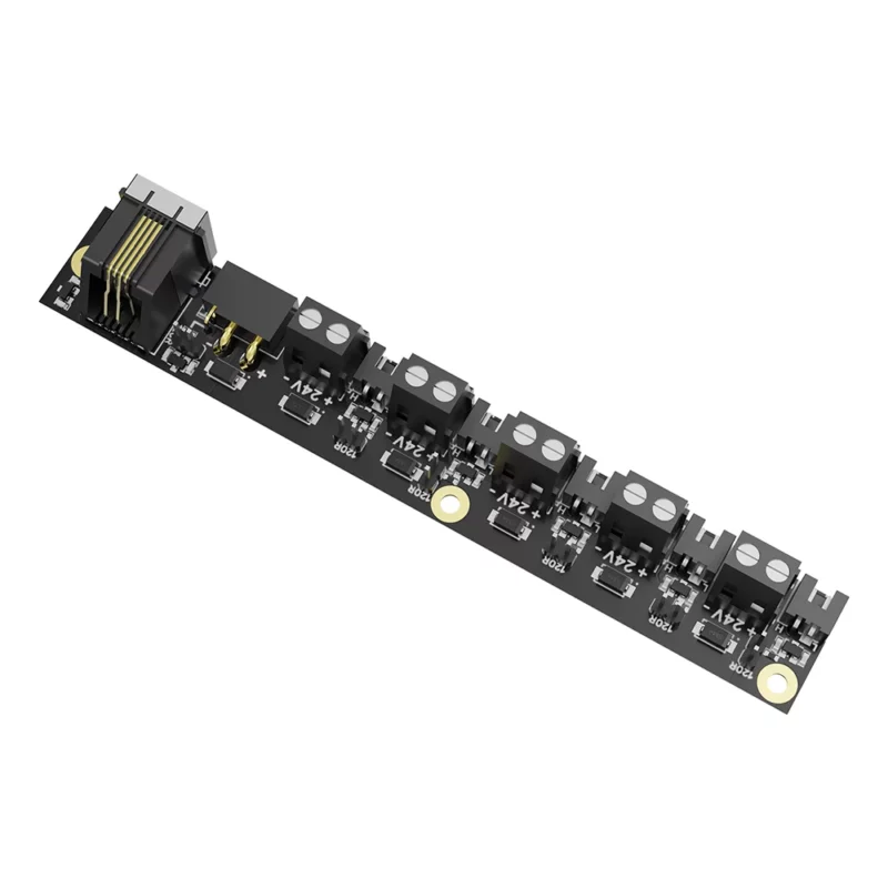 BigTreeTech CEB: Black circuit board with multiple terminal blocks for connecting wires and components.