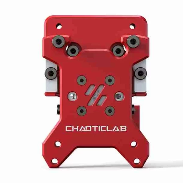 CNC Voron Tap V2: Red CNC-machined metal component with mounting holes and the ChaoticLab logo