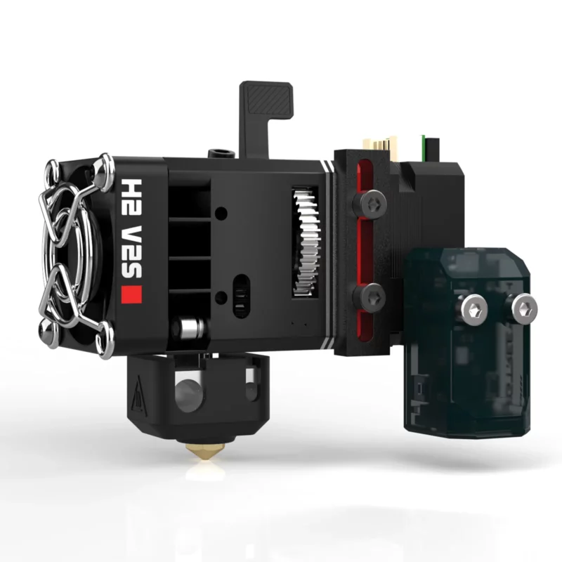 BigTreeTech Eddy 3D printer hotend with integrated fan, gears, and extruder for efficient filament feeding.