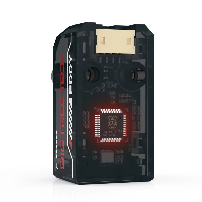 BigTreeTech Eddy: Black and transparent electronic device with visible Raspberry Pi chip, perfect for DIY projects.