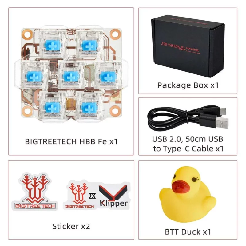 BigTreeTech HBB/HBB Fe keyboard switch kit with USB cable, stickers, and BTT duck