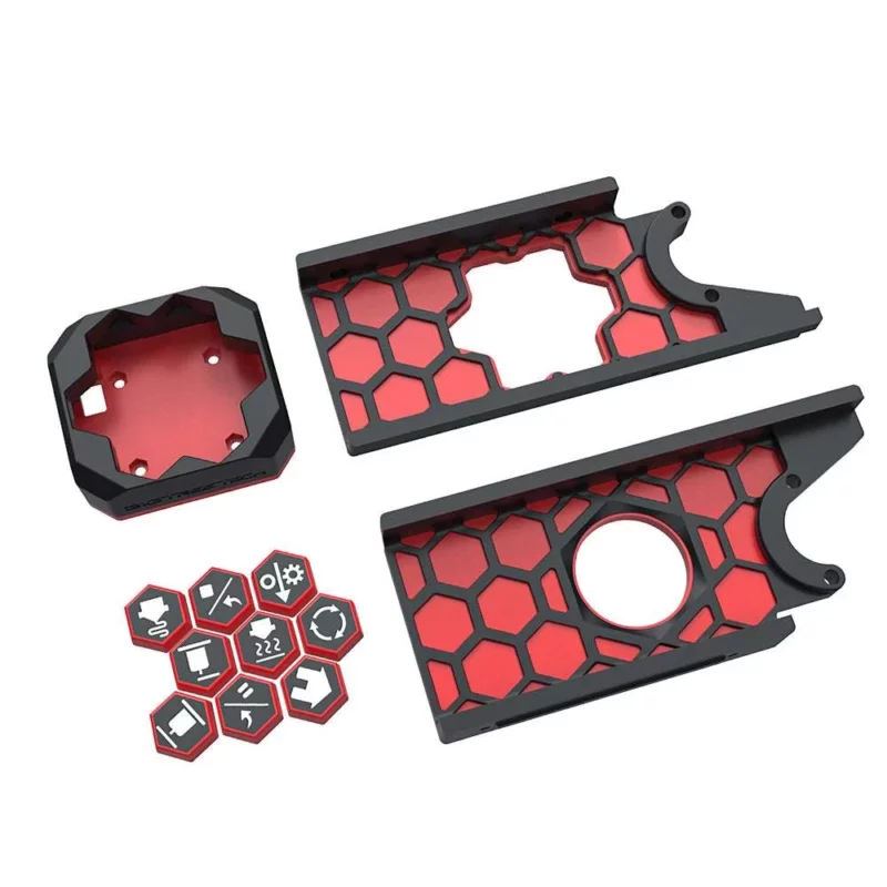 BigTreeTech HBB/HBB Fe: Black and red 3D-printed components with honeycomb pattern, including a square box and hexagonal tiles.