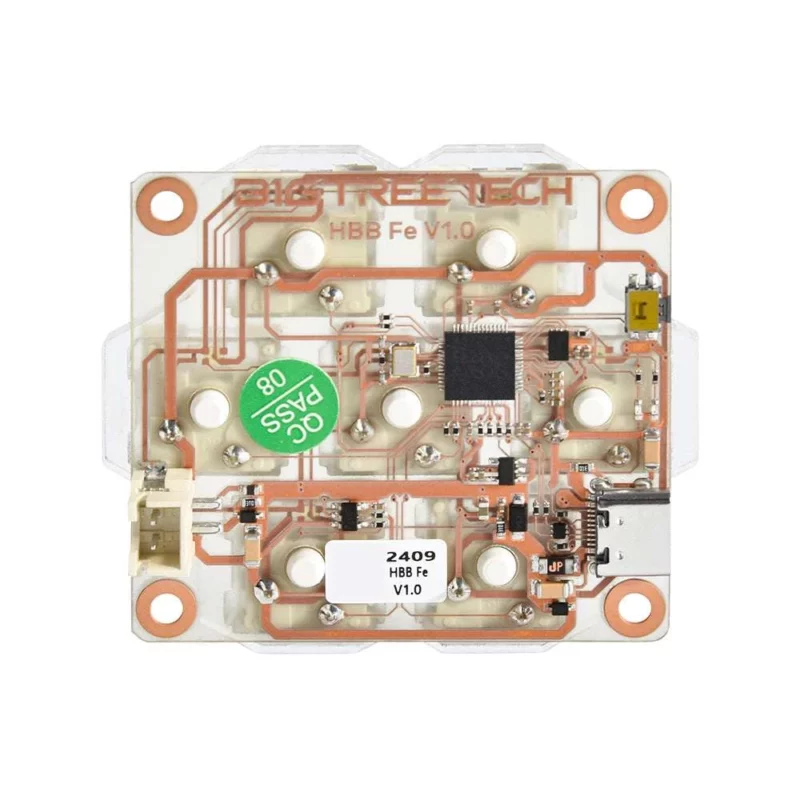 BigTreeTech HBB Fe V1.0 circuit board with electronic components, QC Pass 08 label, and mounting holes