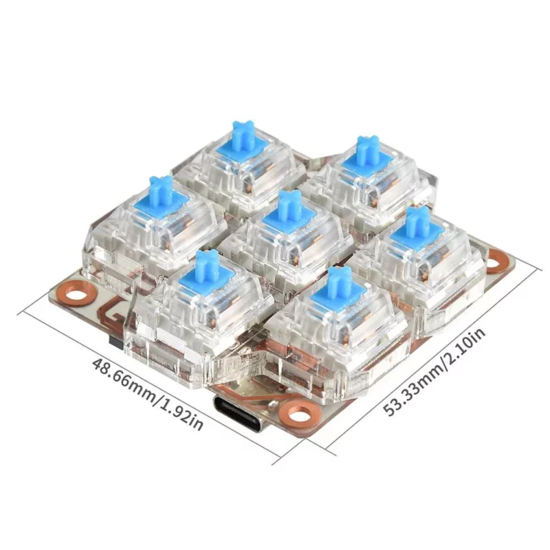 BigTreeTech HBB/HBB Fe: PCB board with seven mechanical keyboard switches. Blue stems, clear housings. Dimensions: 48.66mm/1.92in x 53.33mm/2.10in.