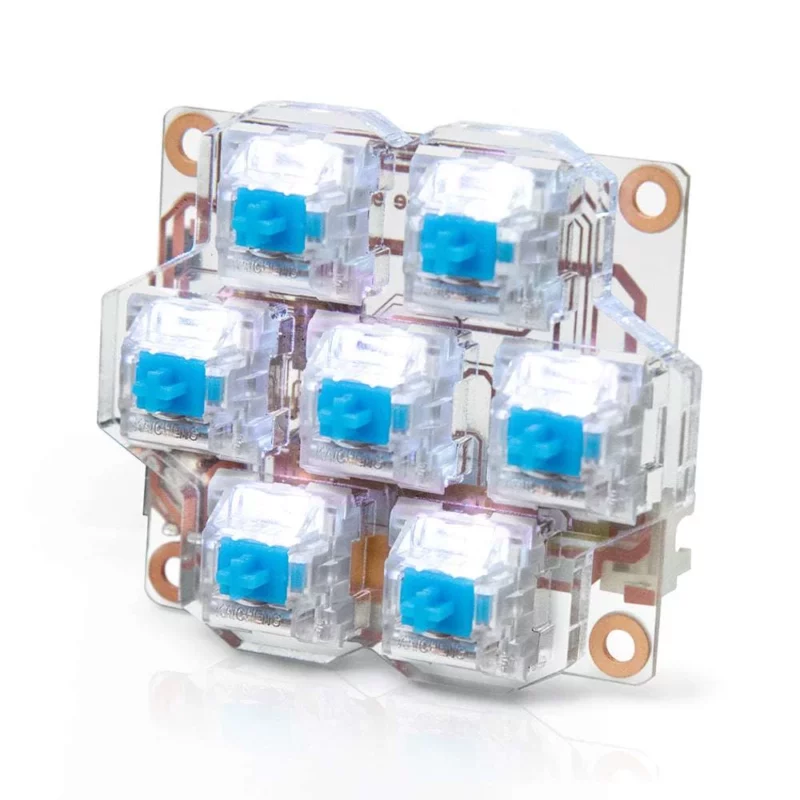 BigTreeTech HBB/HBB Fe mechanical keyboard switches. Clear housing with blue stems, soldered on a PCB for custom keyboard builds.